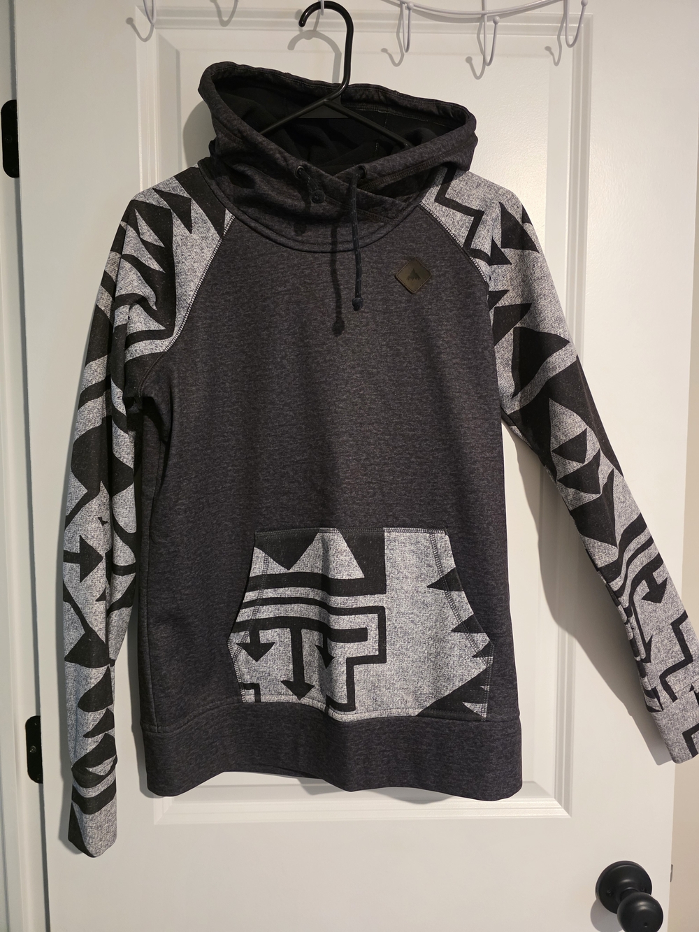 Womens Burton Charcoal Gray Pullover Hoodie with Geometric Sleeve Pattern